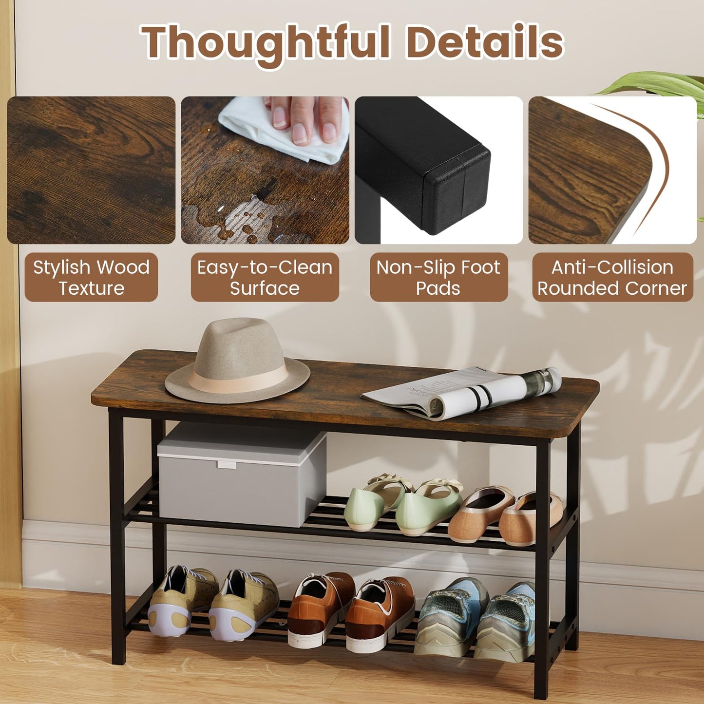 3-Tier Shoe Storage Bench with Metal Slat Shelves and Long Wooden Seat