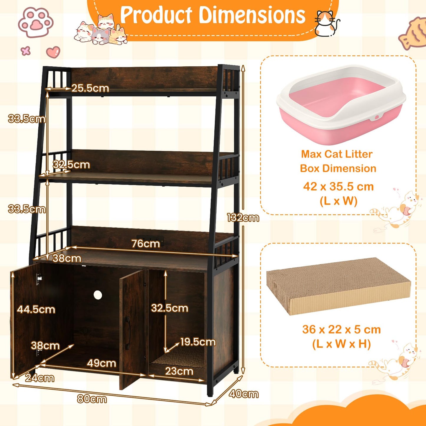 Cat Litter Box Enclosure, Hidden Cats Washroom Furniture with 3-tier Storage Shelves