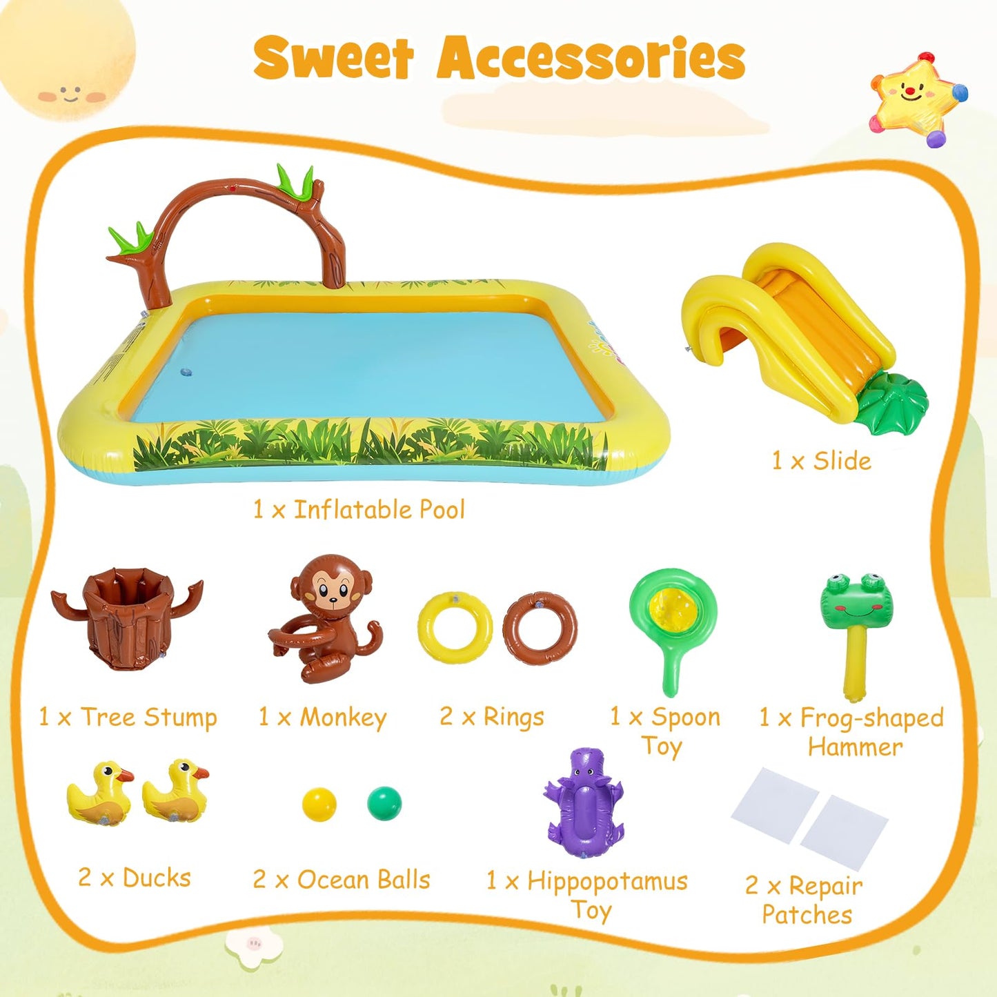 Inflatable Play Center, Jungle Animal Spray Paddling Pool with Slide & Sprinkle