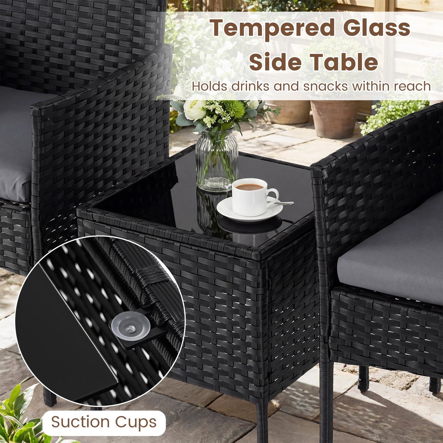 3-Piece Patio Bistro Set, PE Rattan Furniture Set with Soft Cushions & Tempered Glass Top Table