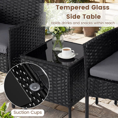 3-Piece Patio Bistro Set, PE Rattan Furniture Set with Soft Cushions & Tempered Glass Top Table