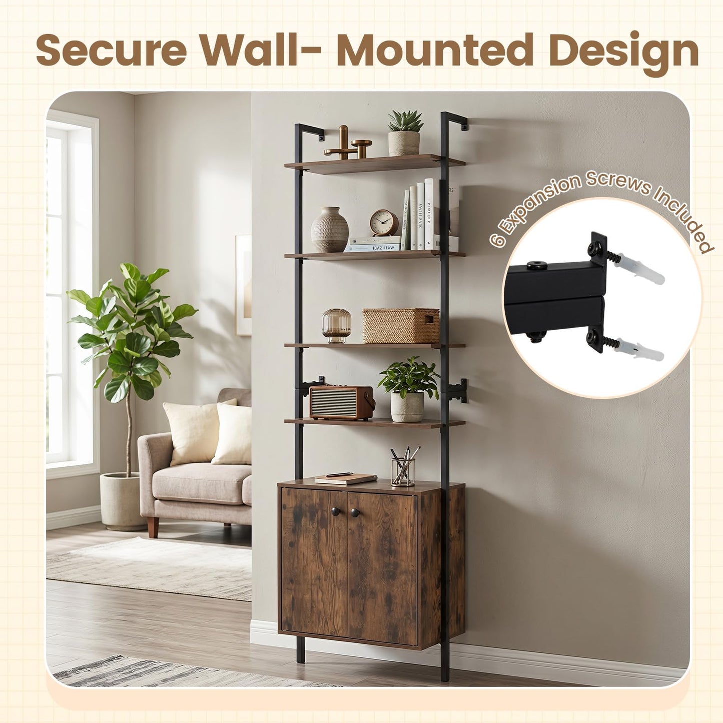 7-Tier Ladder Bookshelf with 2-Door Cabinet and 4 Shelves