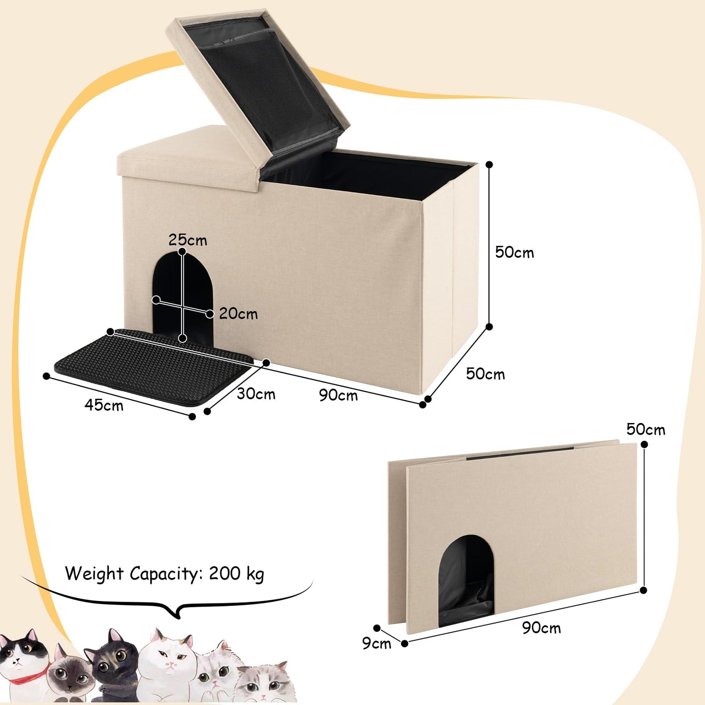 3-in-1 Hidden Cat Washroom Ottoman Shoe Bench