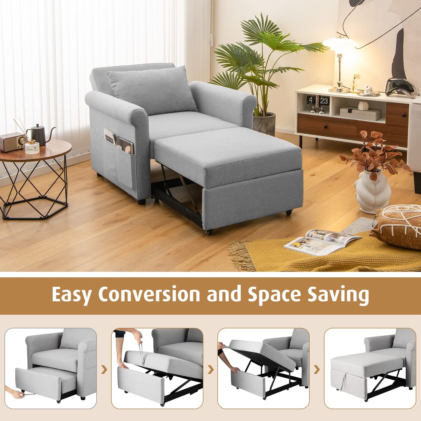 3-in-1 Convertible Sofa Chair Bed Sleeper Couch with Adjustable Backrest