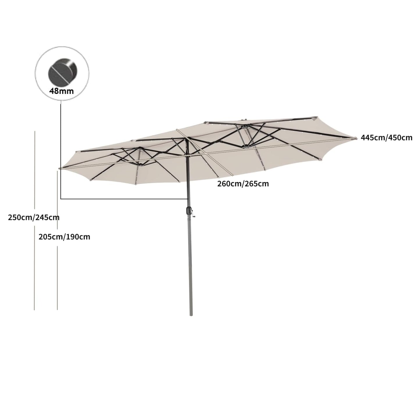 460 cm Twin Patio Umbrella with 48 LED Lights and Auto-Charging Solar Panel