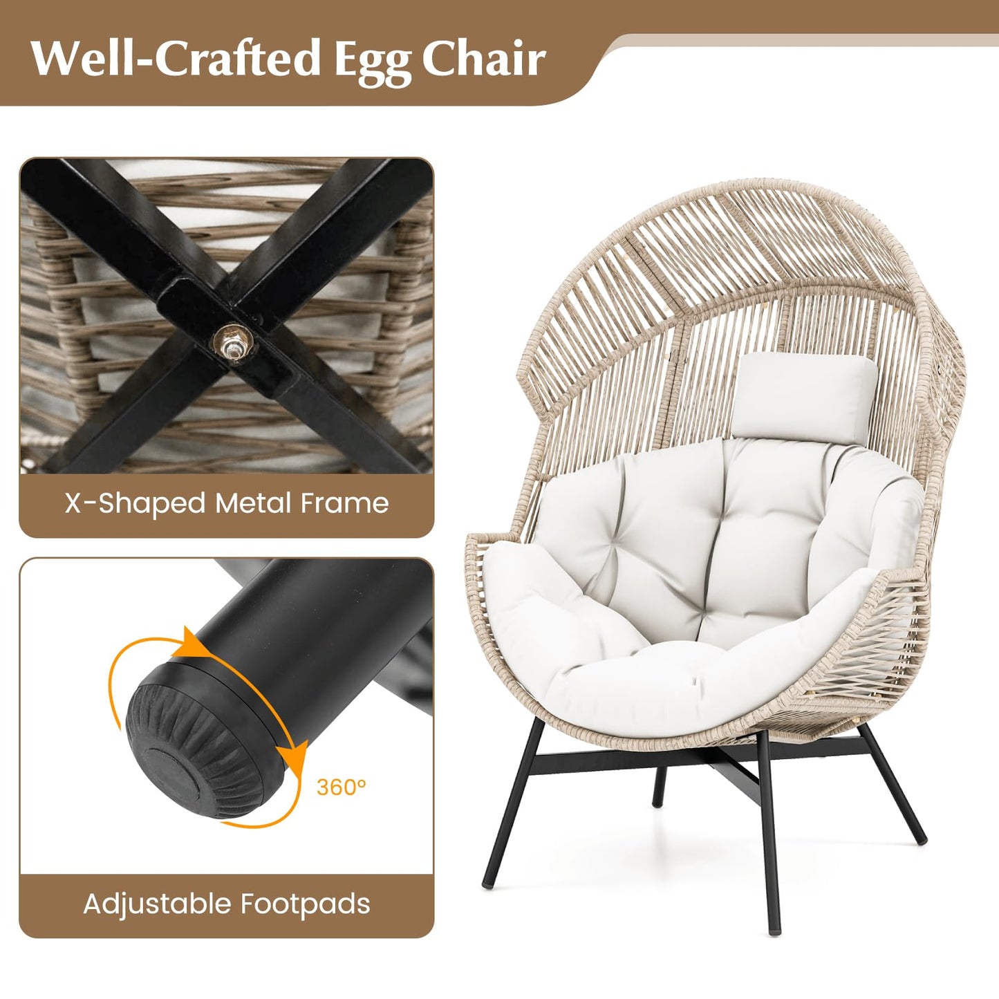 Oversized Wicker Egg Chair with Thick Cushions and Headrest