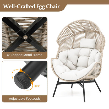 Oversized Wicker Egg Chair with Thick Cushions and Headrest