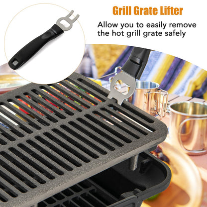 Cast Iron Charcoal Grill, Tabletop Barbecue Grill with Double-Sided Grilling Net