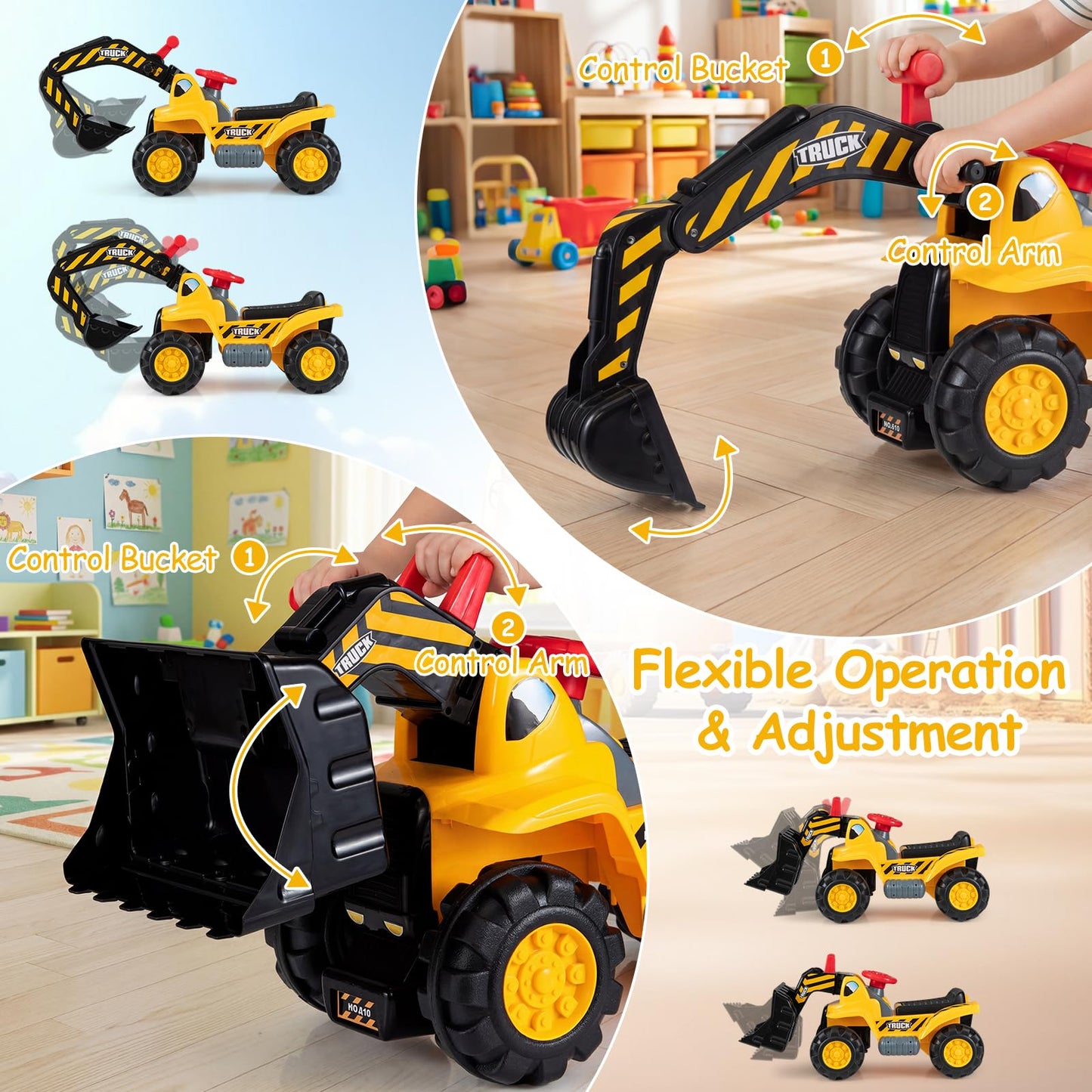 3-in-1 Ride on Excavator Bulldozer, Kids Foot-to-Floor Push Car