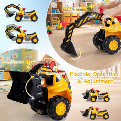 3-in-1 Ride on Excavator Bulldozer, Kids Foot-to-Floor Push Car
