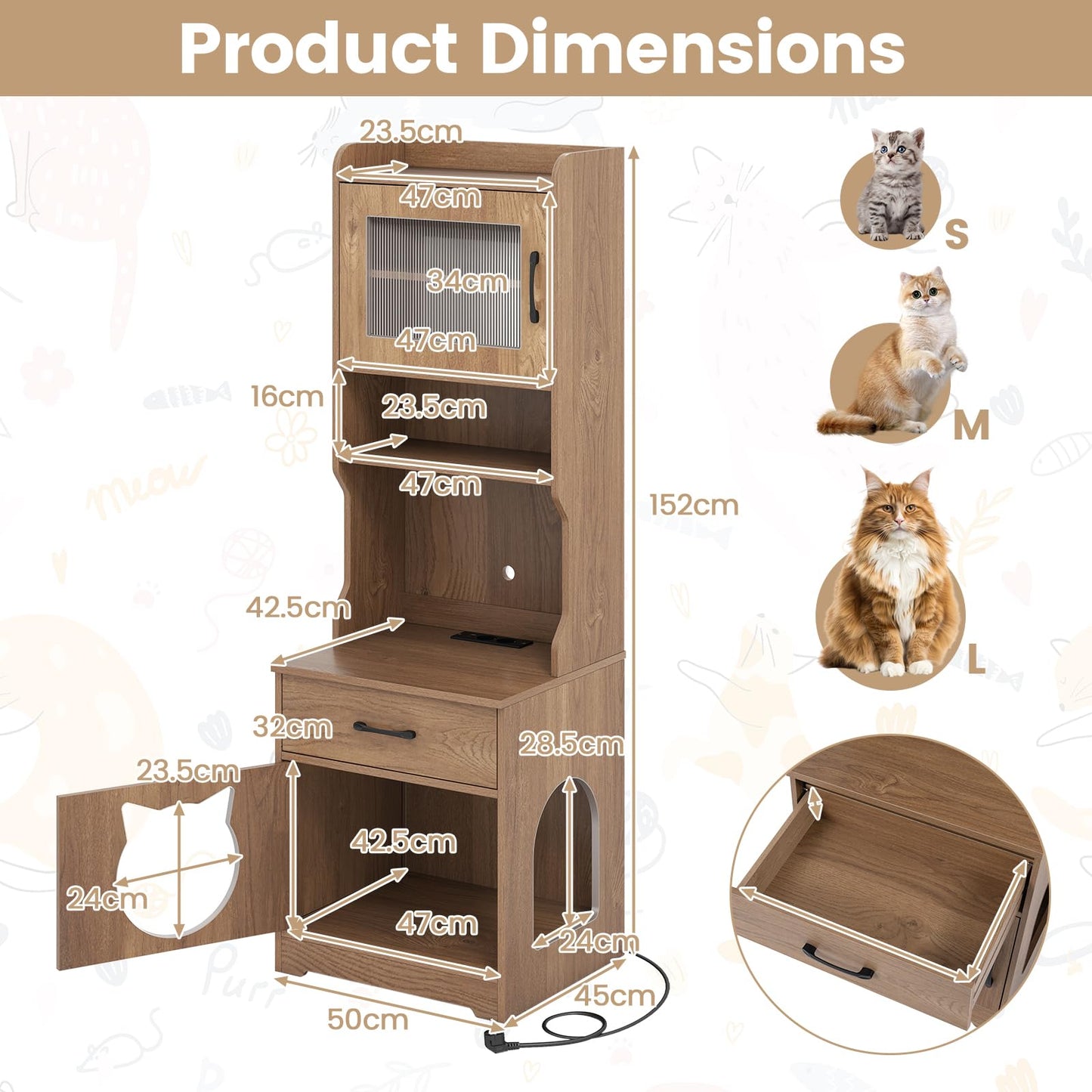 152 cm Tall Cat Litter Box Enclosure with Adjustable LED Light