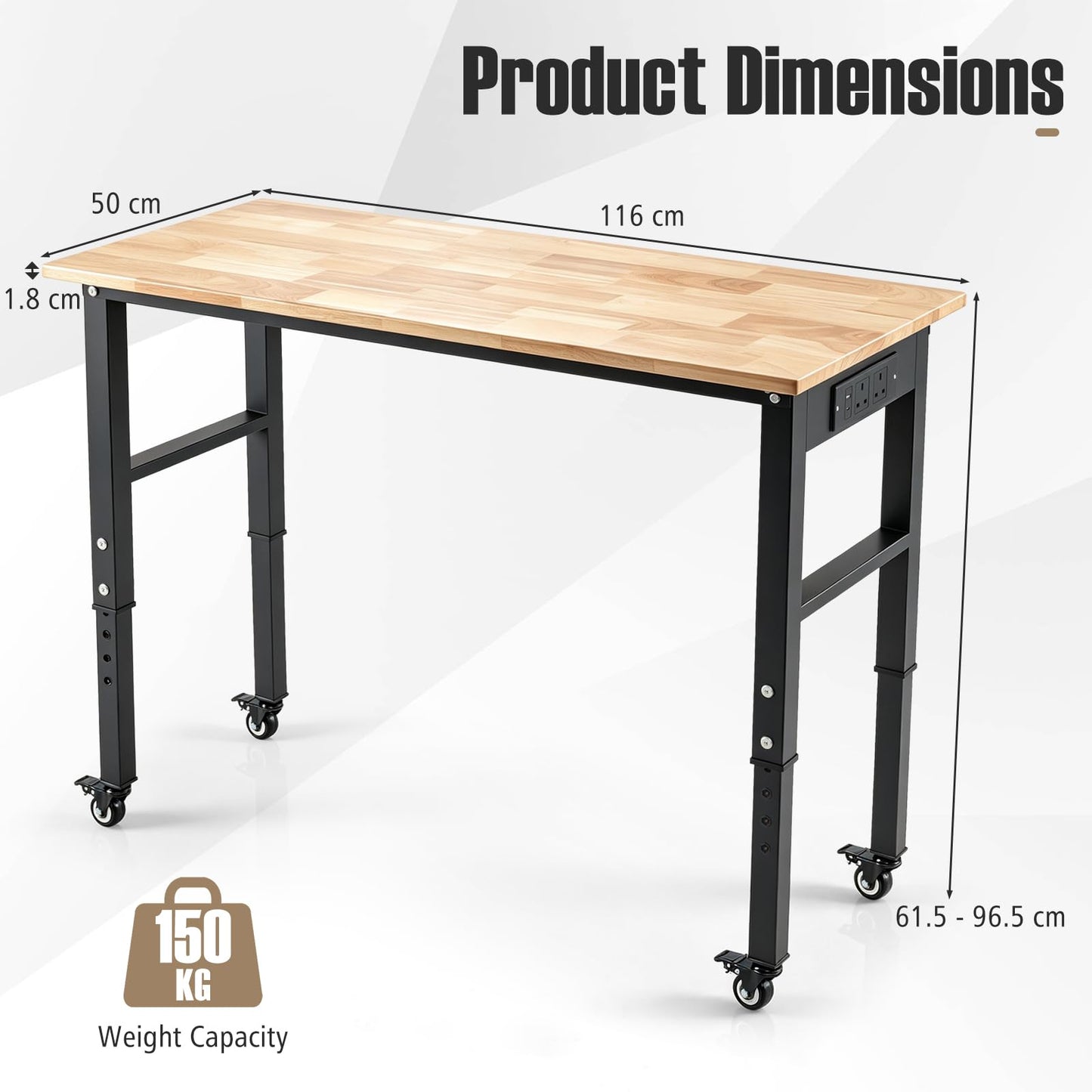 46 Inch Adjustable Workbench with Wheels and Power Outlet Oak Top for Garage