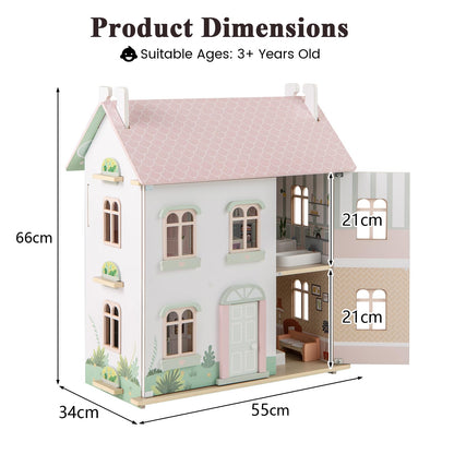 Wooden Dollhouse with Furniture and Accessories for Kids