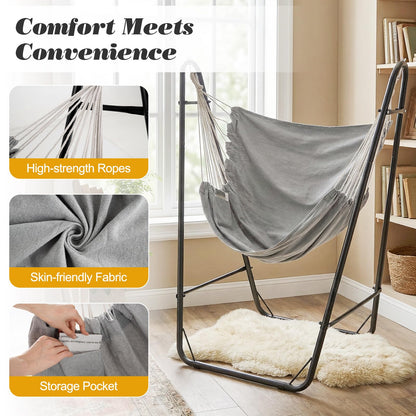 Hammock Chair with Stand, Heavy Duty Metal Frame Swing Chair with Side Pocket