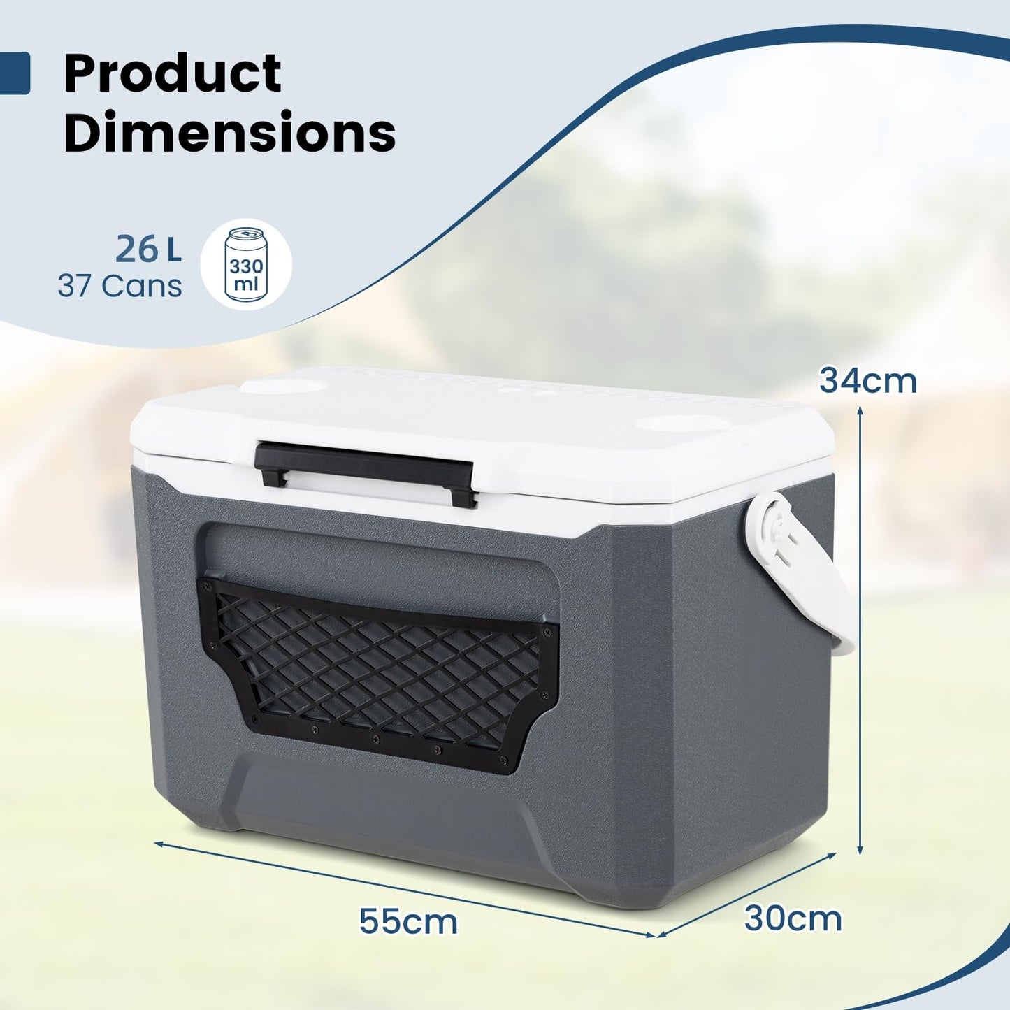 Insulated Cool Box, Ice Chest Box | Cup Holders, Drain Plug & Mesh Storage Pocket