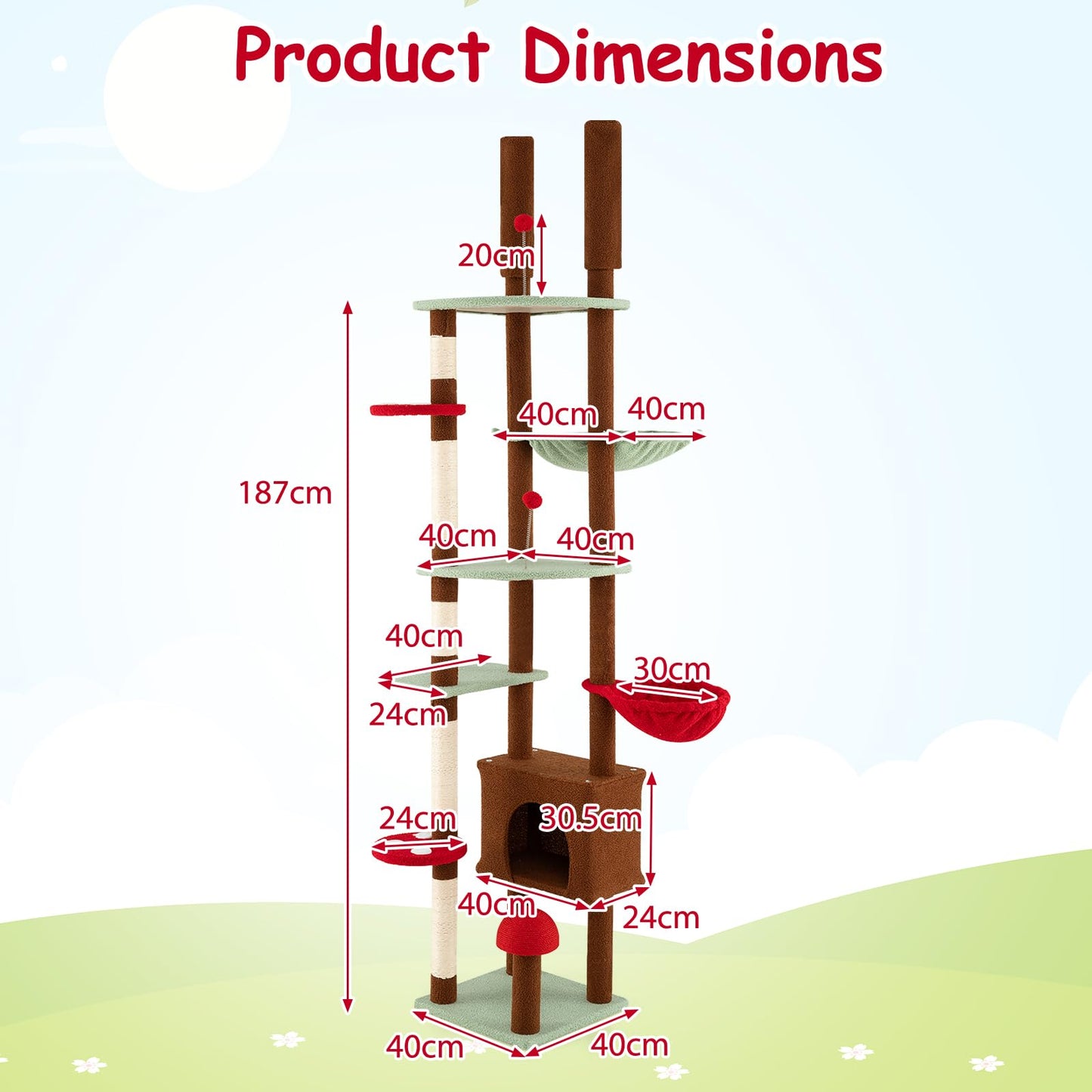 Floor to Ceiling Cat Tree, Tall Cat Tower with 202-224cm/238-265cm Adjustable Height