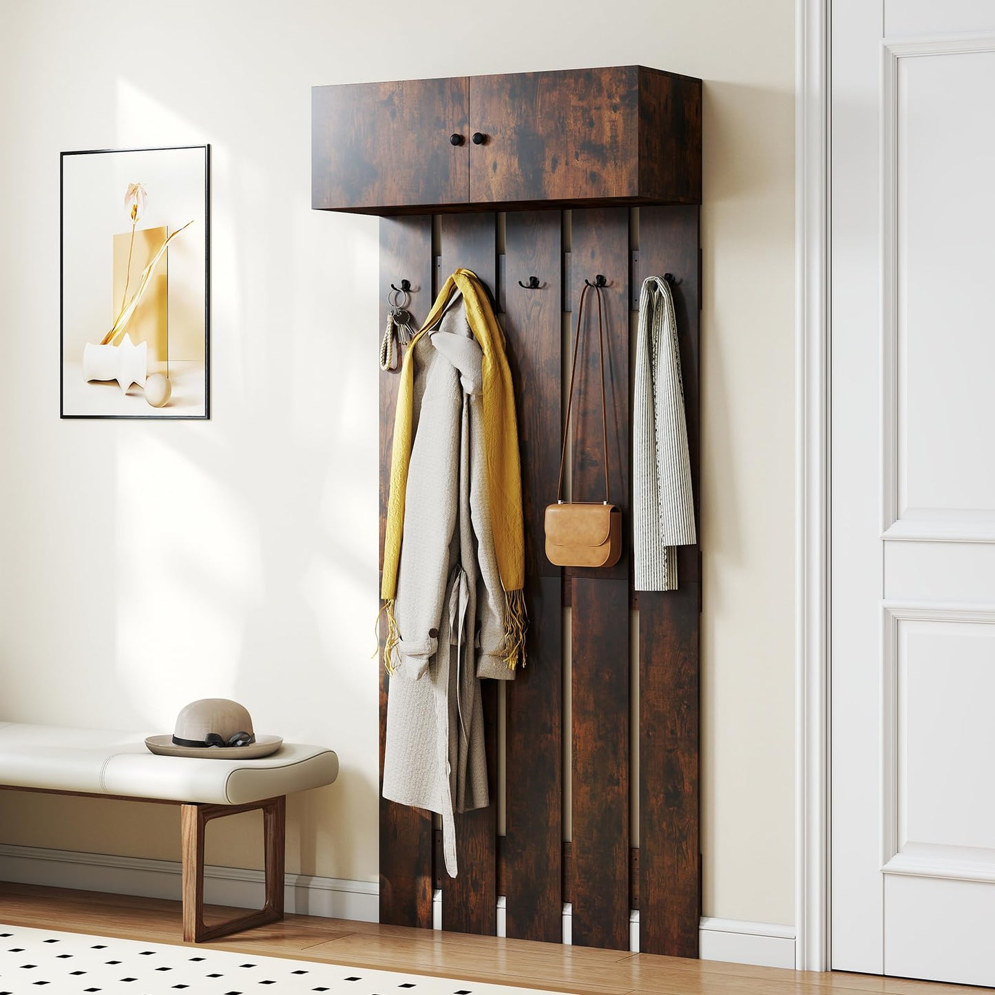 90cm Entryway Wall Mounted Coat Hooks with Shelf 2-Door Cabinet