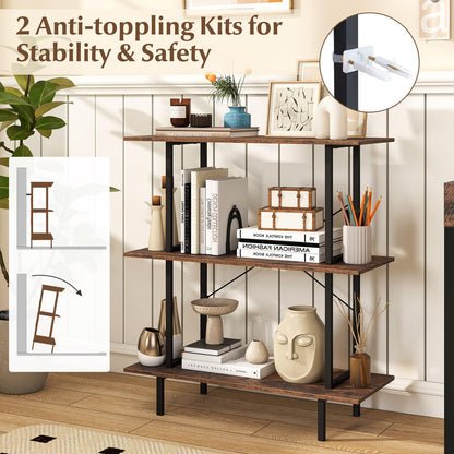 3-Tier Industrial Bookshelf with Open Shelves and Metal Frame for Living Room Study