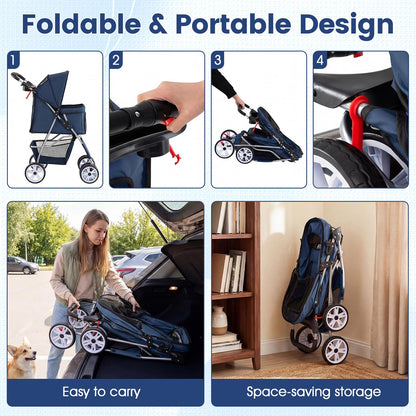 Pet Stroller, 4 Wheels Foldable Dog Pushchair Cat Pram with Adjustable Canopy