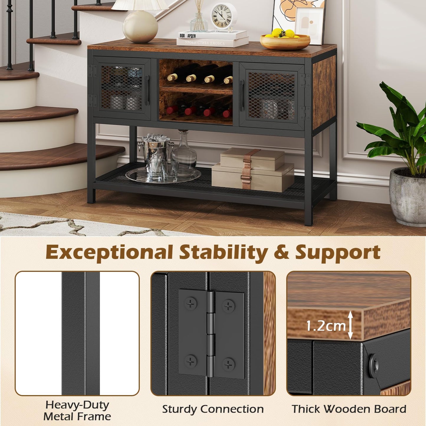 Kitchen Buffet Sideboard, Wooden Storage Cabinet with 2 Metal Mesh Doors