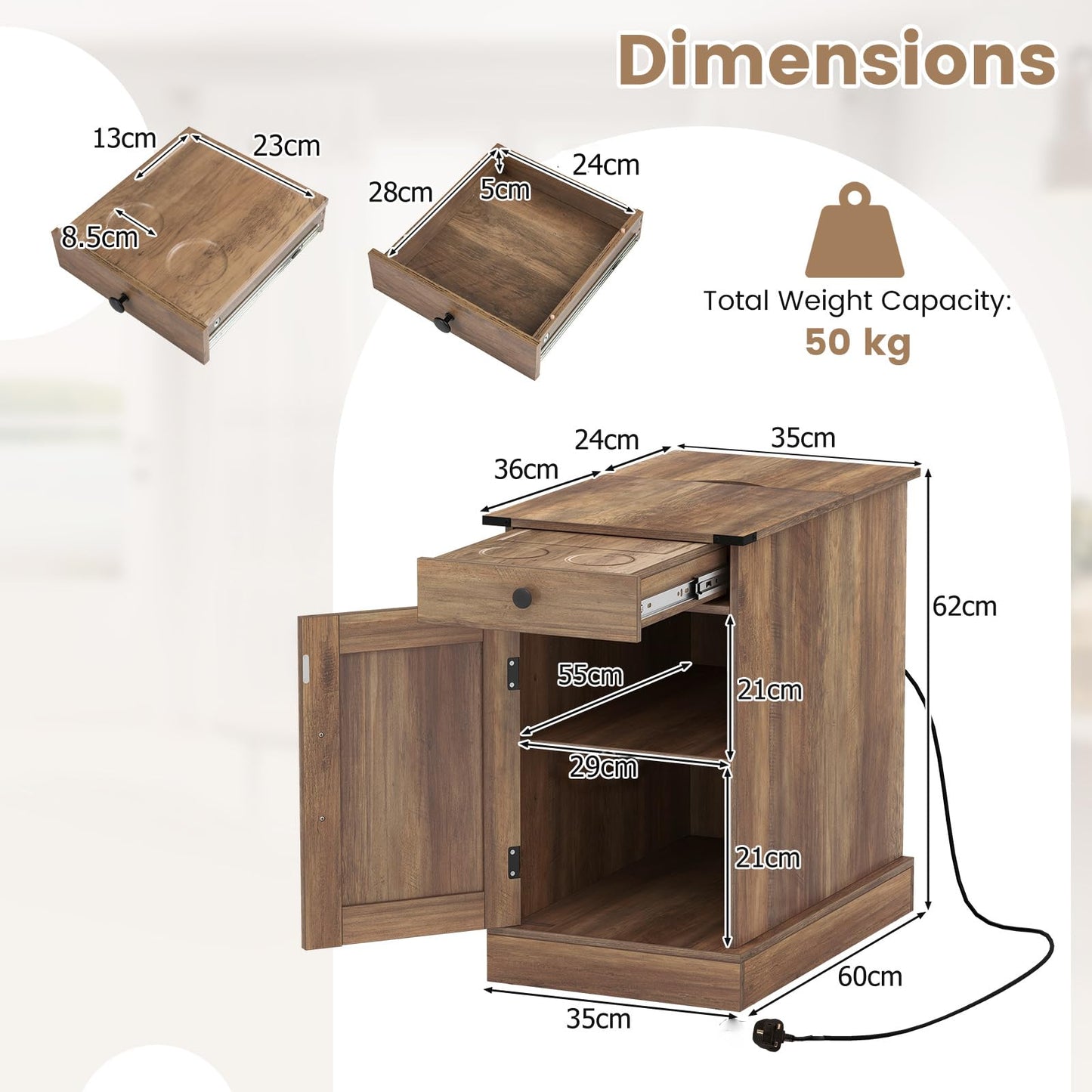 End Table with Charging Station Farmhouse Bedside Table with Storage Drawer