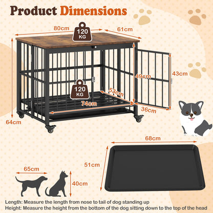Dog Crate Furniture on Wheels, Foldable Dog Kennel Side Table with Lockable Door