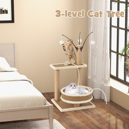 Modern Cat Tower with Rattan Mat and 3 Hanging Ball Toys