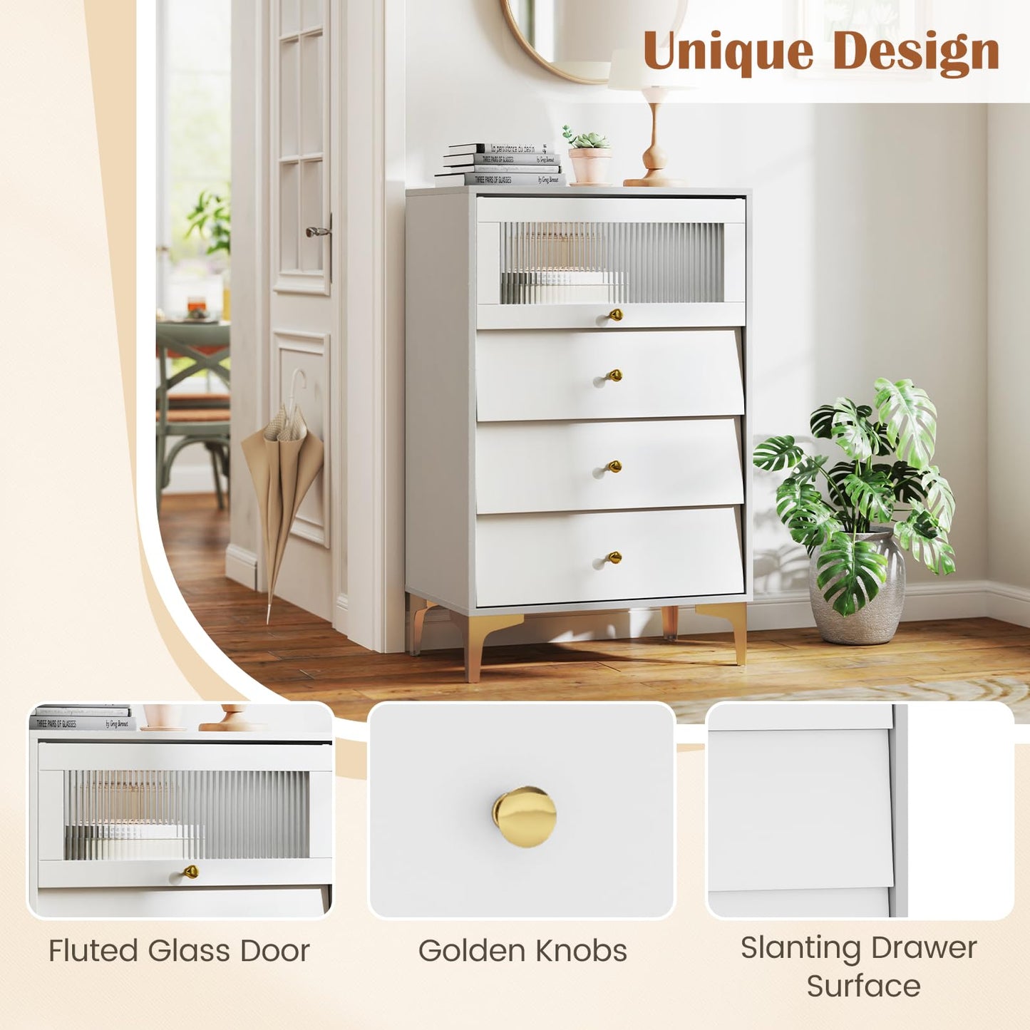 3 Drawer Dresser Cabinet with Flip Up Fluted Glass Door