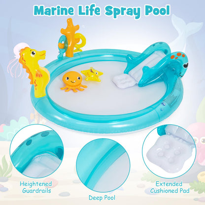 Inflatable Play Center, Marine Life Spray Paddling Pool with Slide & Sprinkle