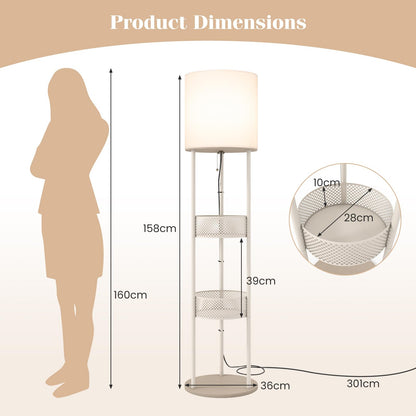 Floor Lamp with 3 Storage Shelves & Linen Fabric Shade
