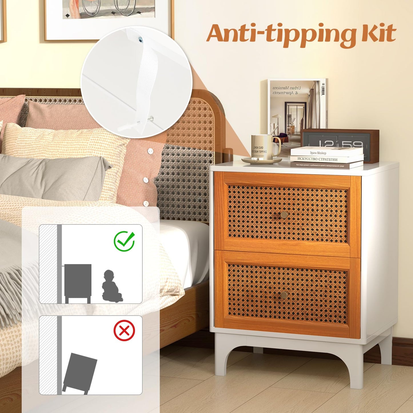 Boho Accent Table with 2 Handwoven Rattan Decorated Drawers