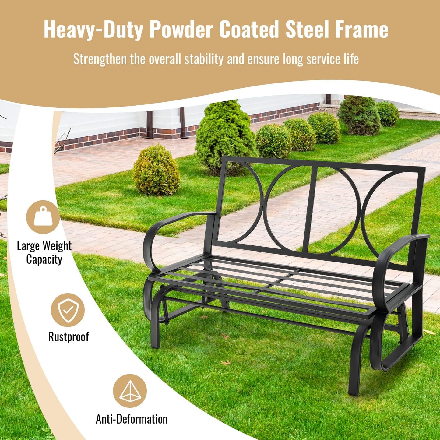 2-Person Steel Frame Outdoor Glider Bench with Cushions