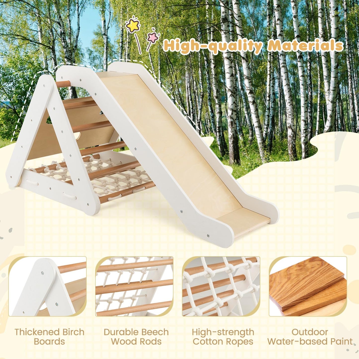 4 in 1 Wooden Triangle Climbing Set with Ramp Sliding Board