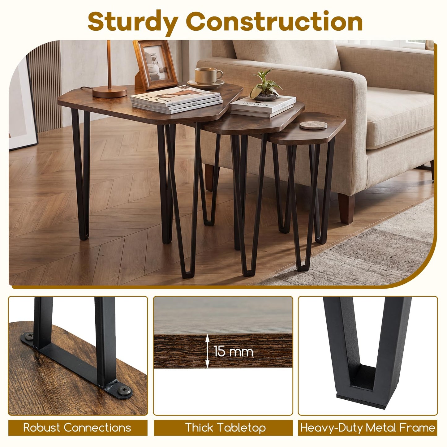 Nesting Coffee Tables Set of 3, Stacking End Sofa Side Table