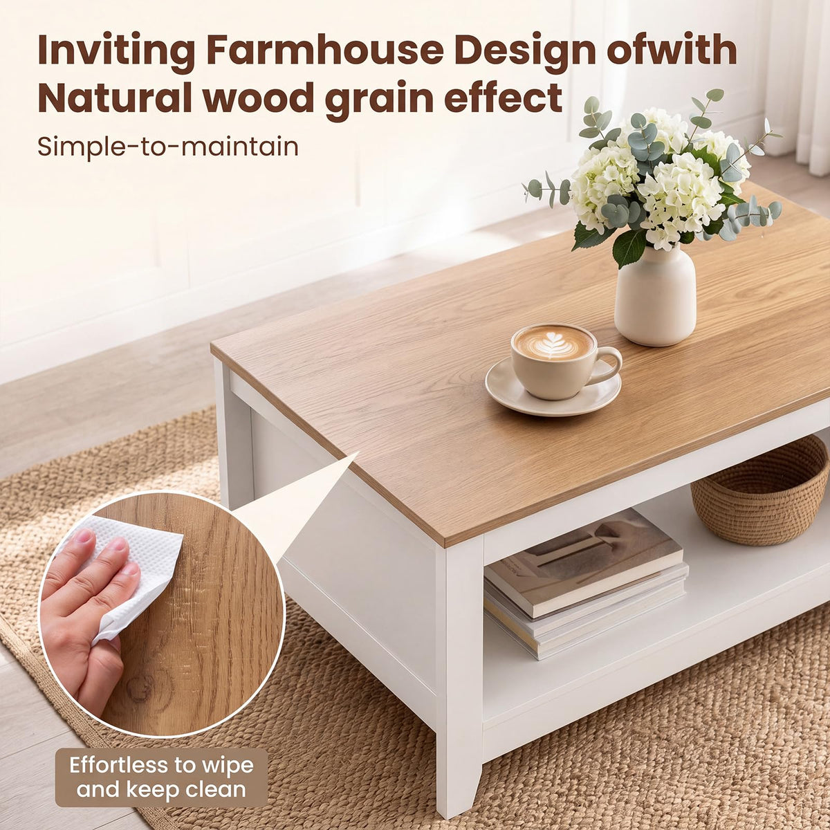 2-Tier Coffee Table with Open Storage Shelf, White+Natural