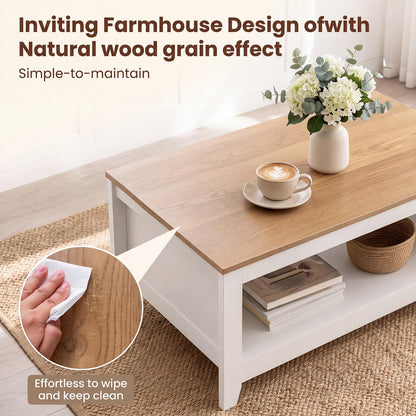 2-Tier Coffee Table with Open Storage Shelf, White+Natural