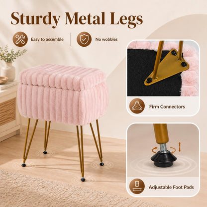 Faux Fur Ottoman with Metal Legs and 2-in-1 Design for Living Room Bedroom