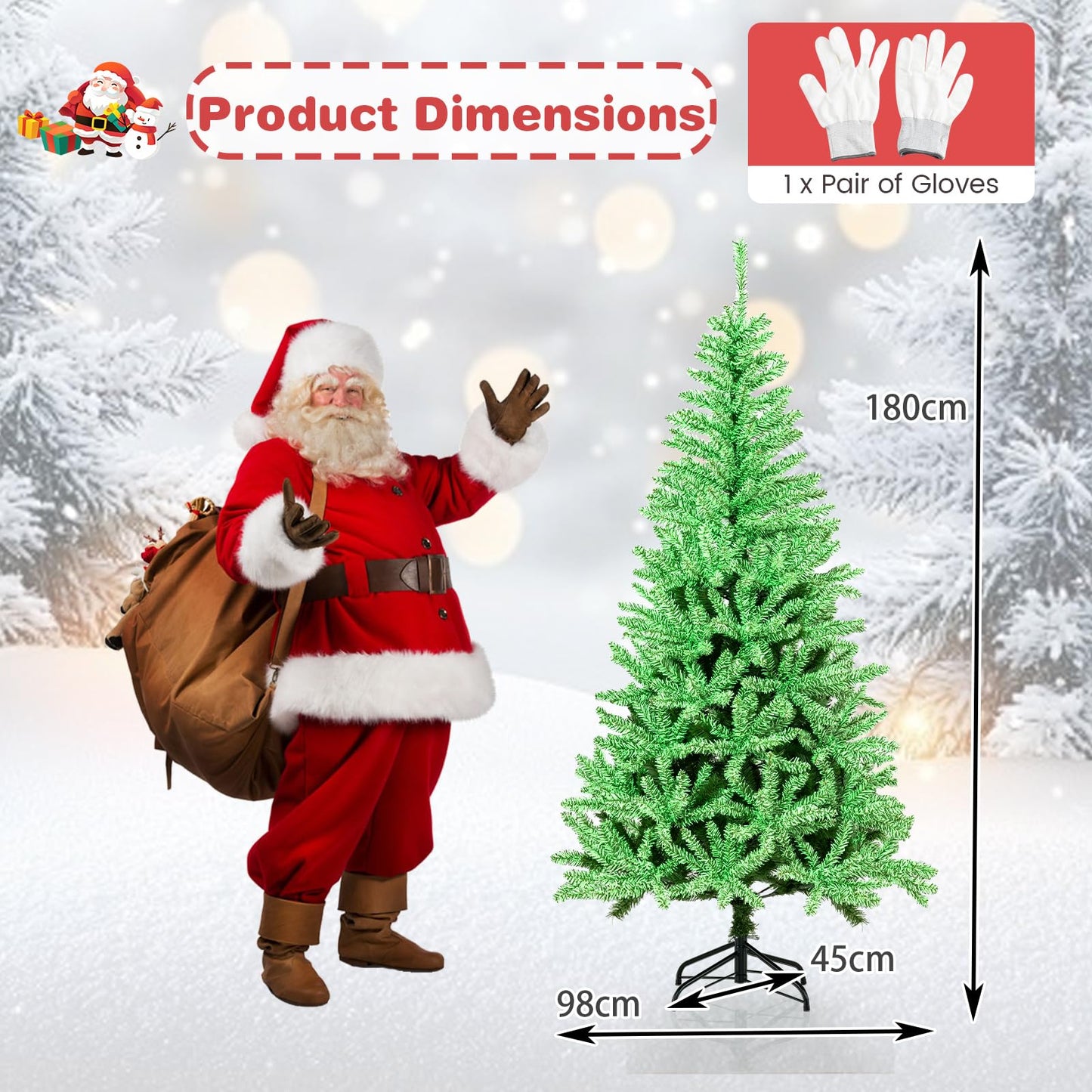 180 CM Glow-in-the-dark Artificial Christmas Tree Hinged Xmas Tree with 692 Branch Tips and Foldable Metal Stand