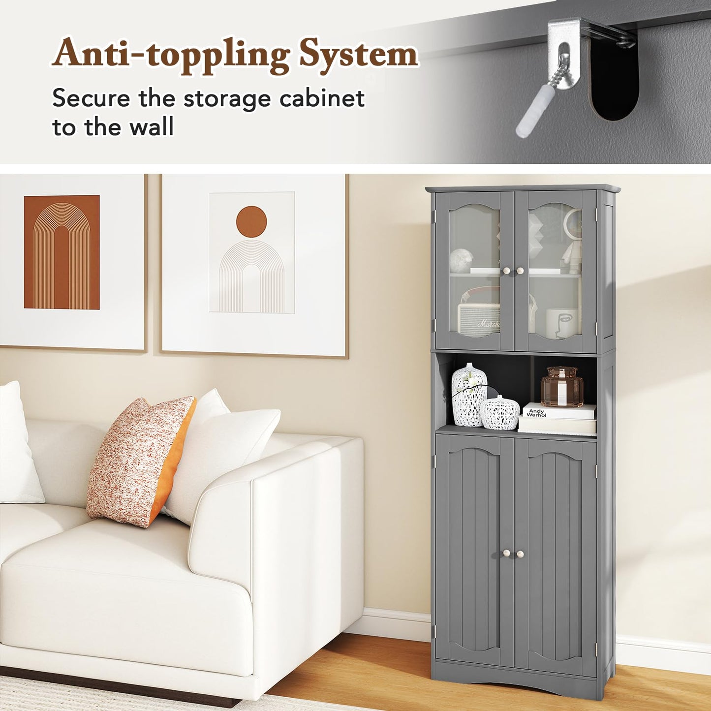 Tempered Glass Door Pantry Cabinet with 3-Position Adjustable Shelves