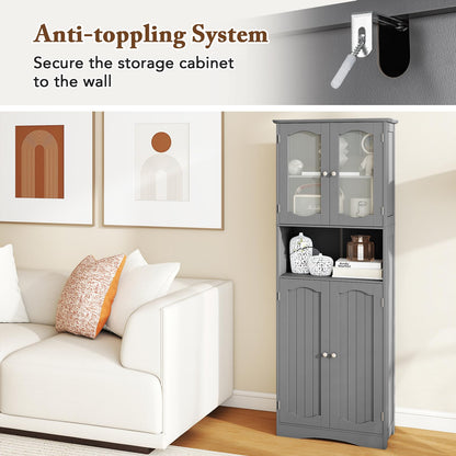 Tempered Glass Door Pantry Cabinet with 3-Position Adjustable Shelves