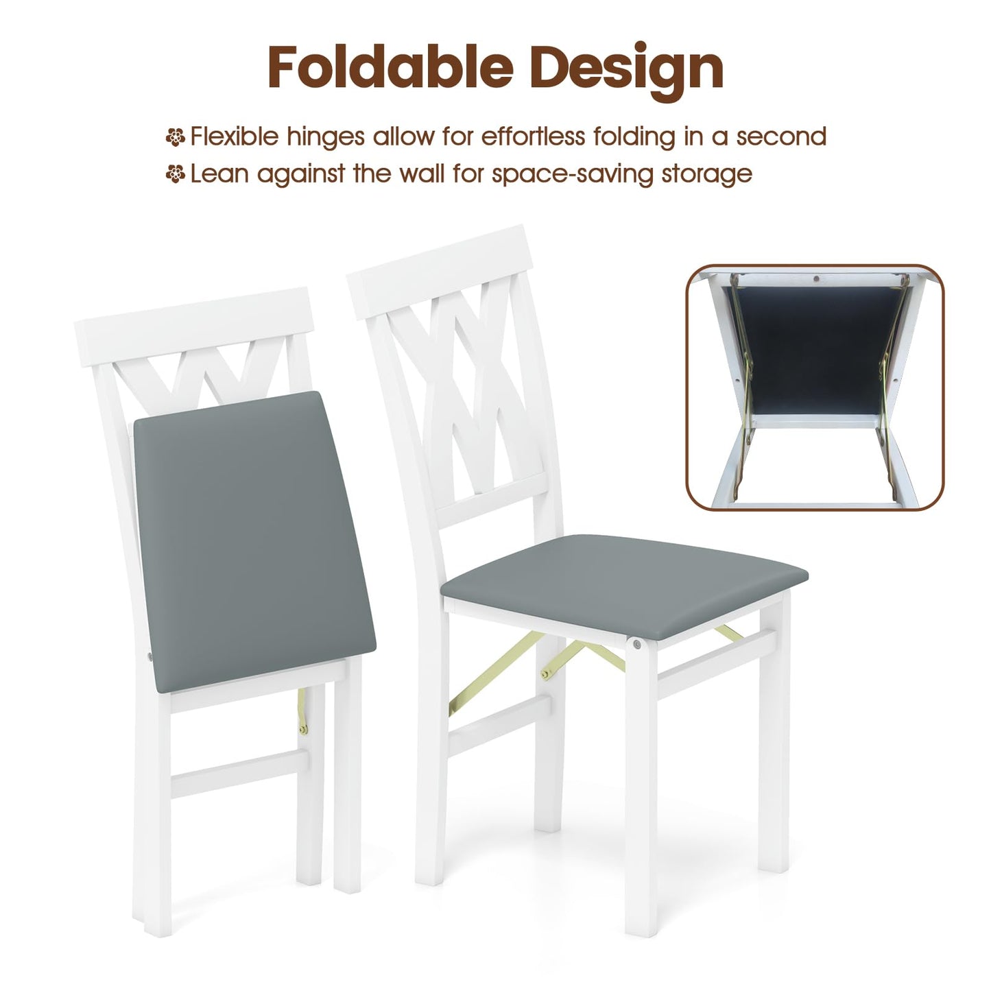Folding Wooden Dining Chair Set of 2 Faux Leather Upholstered Chairs