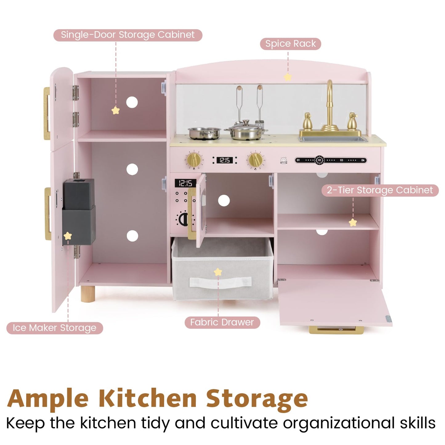 Wooden Kids Play Kitchen with Ice Maker and Fabric Drawer