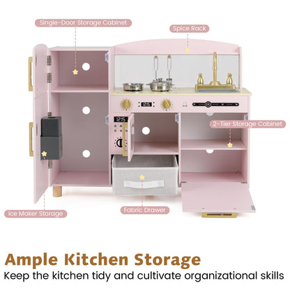 Wooden Kids Play Kitchen with Ice Maker and Fabric Drawer