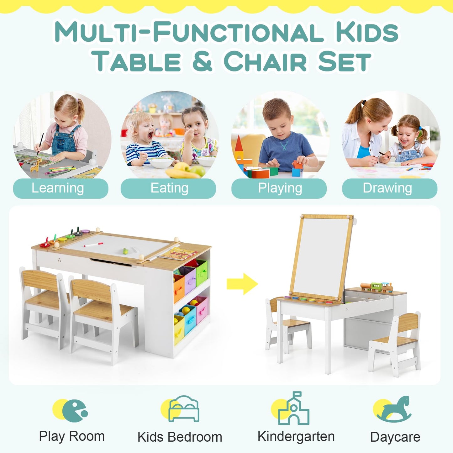 2-in-1 Kids Art Table and Easel Set with Chairs and Liftable Tabletop