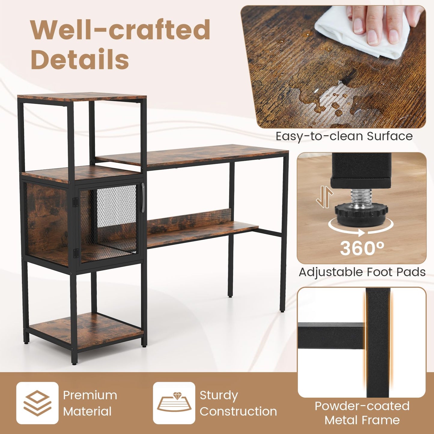 Computer Desk, 2-in-1 Workstation PC Laptop Table with Storage Bookshelf