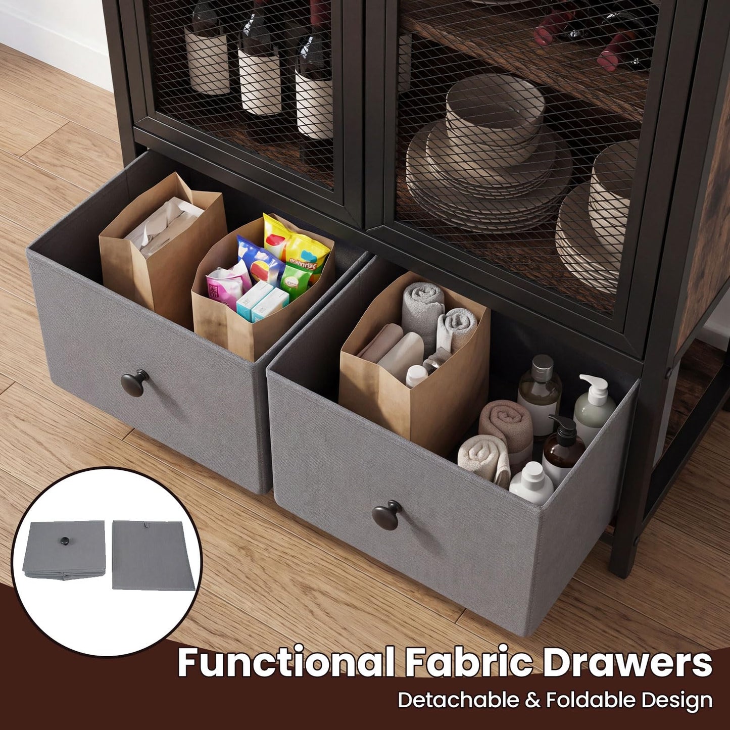 Sideboard Storage Cabinet with 2 Mesh Doors & 2 Fabric Drawers