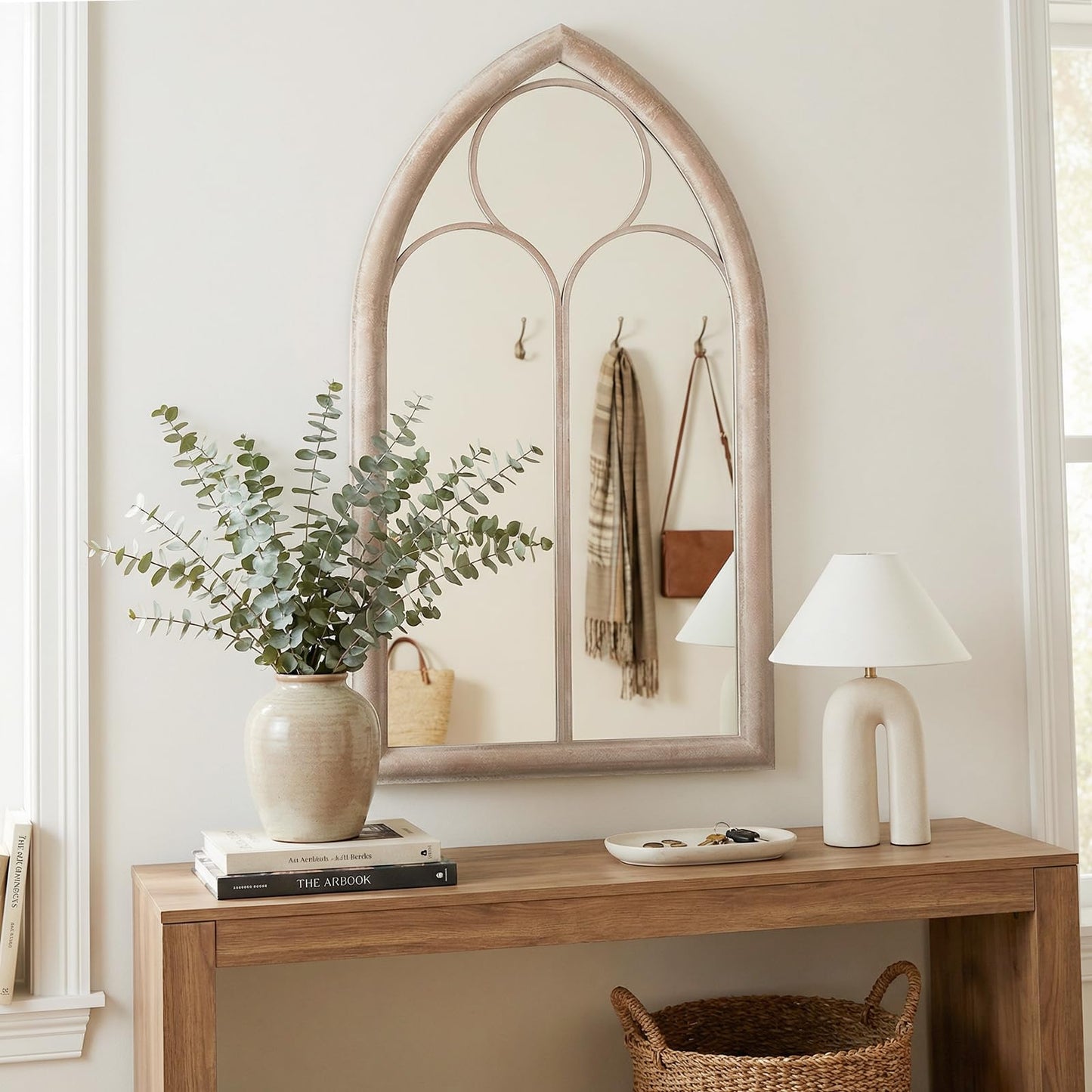 Farmhouse Window Pane Mirror Large Arched Wall Mounted Mirror with Metal Frame