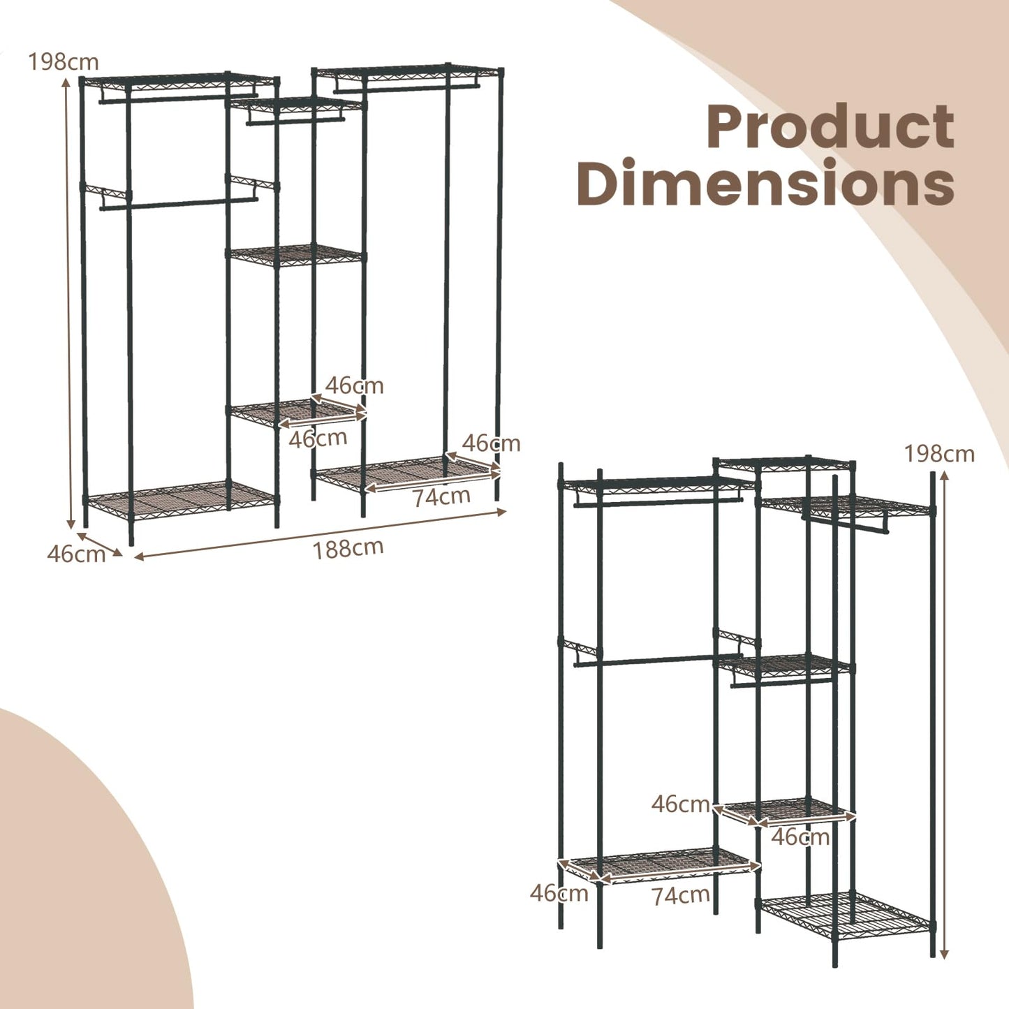 Portable Wardrobe Convertible Clothes Organizer with L-shape and Horizontal Installation