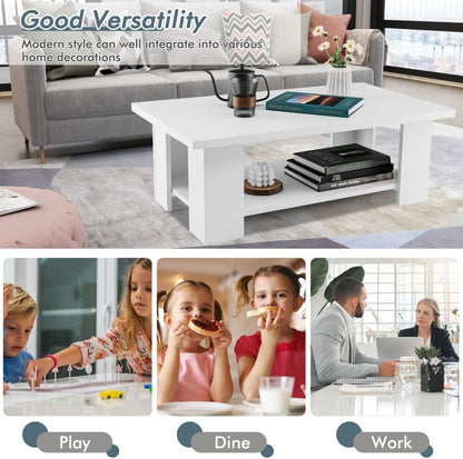 2-Tier Wooden Coffee Table with Storage Shelf and 5 Support Legs