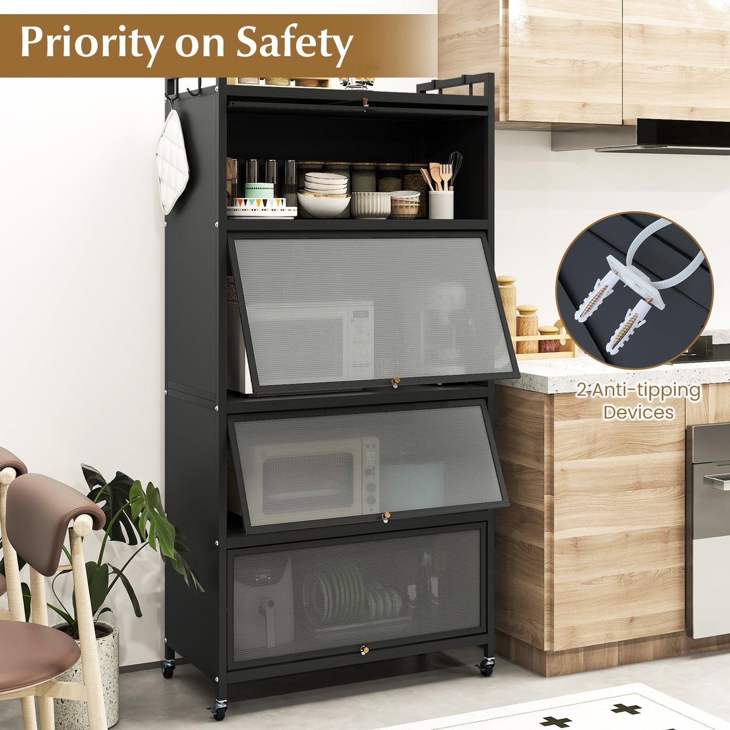 Kitchen Storage Cabinet, 5 Tier Tall Pantry Cupboard with Flip-Up Doors